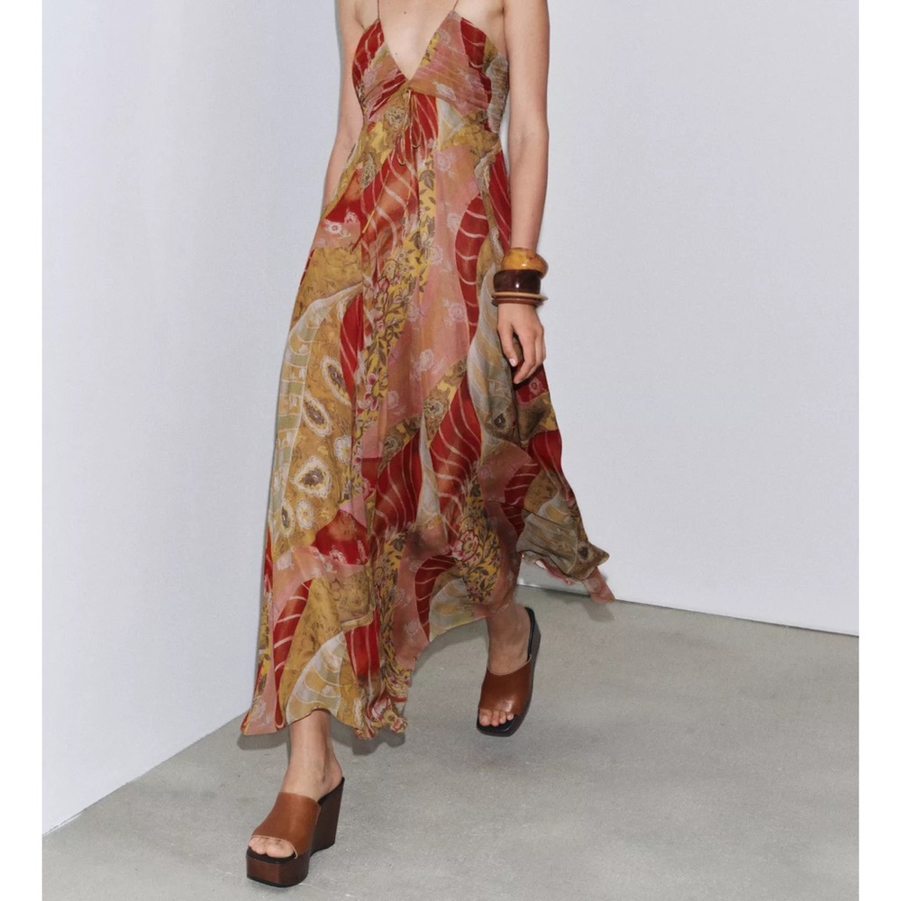 Zara Red and Gold Patterned Maxi Dress